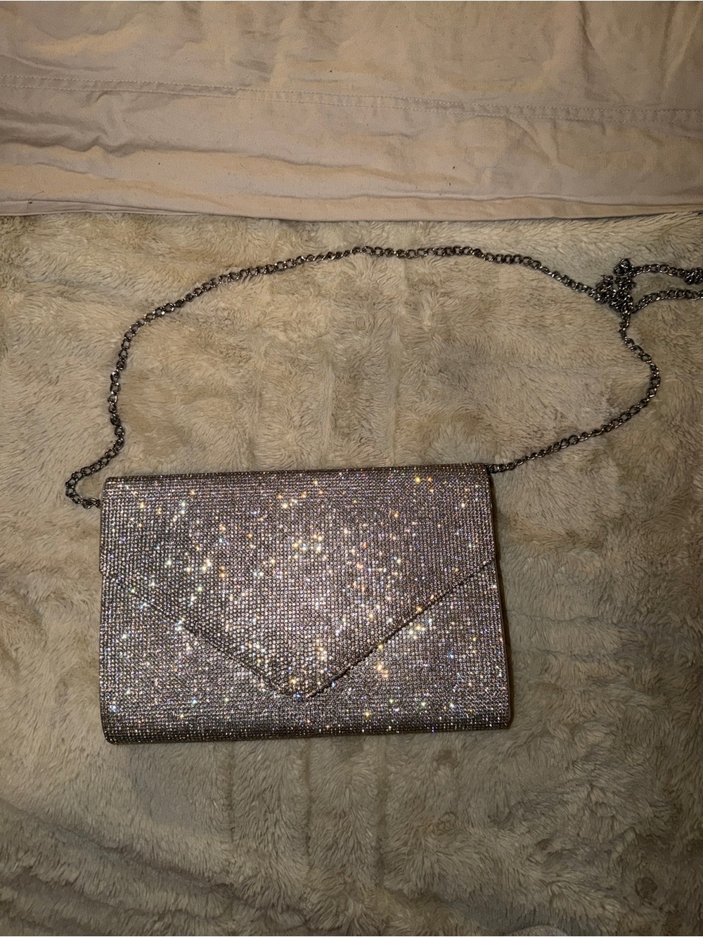 NWOT ALDO Silver Rhinestone Envelope Clutch Bag - Convertible, Crossbody Chain